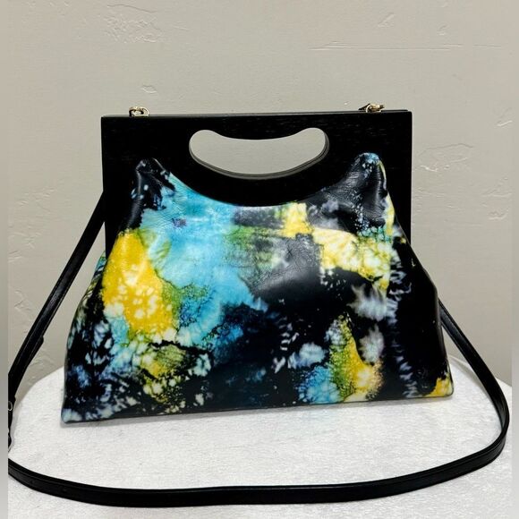 Unique Cowhide Leather Tie-dye Print Handmade Wooden Frame Top Handle Bag - Picture 1 of 16